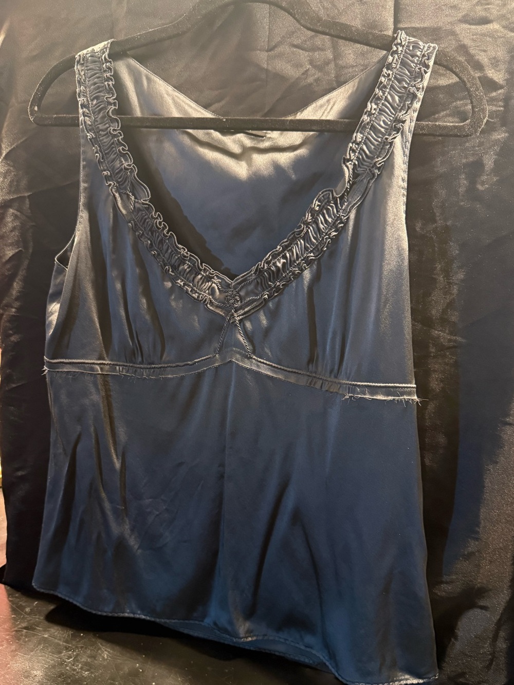 Elie Tahari Black Satin V-Neck Ruffle-Trim Tank